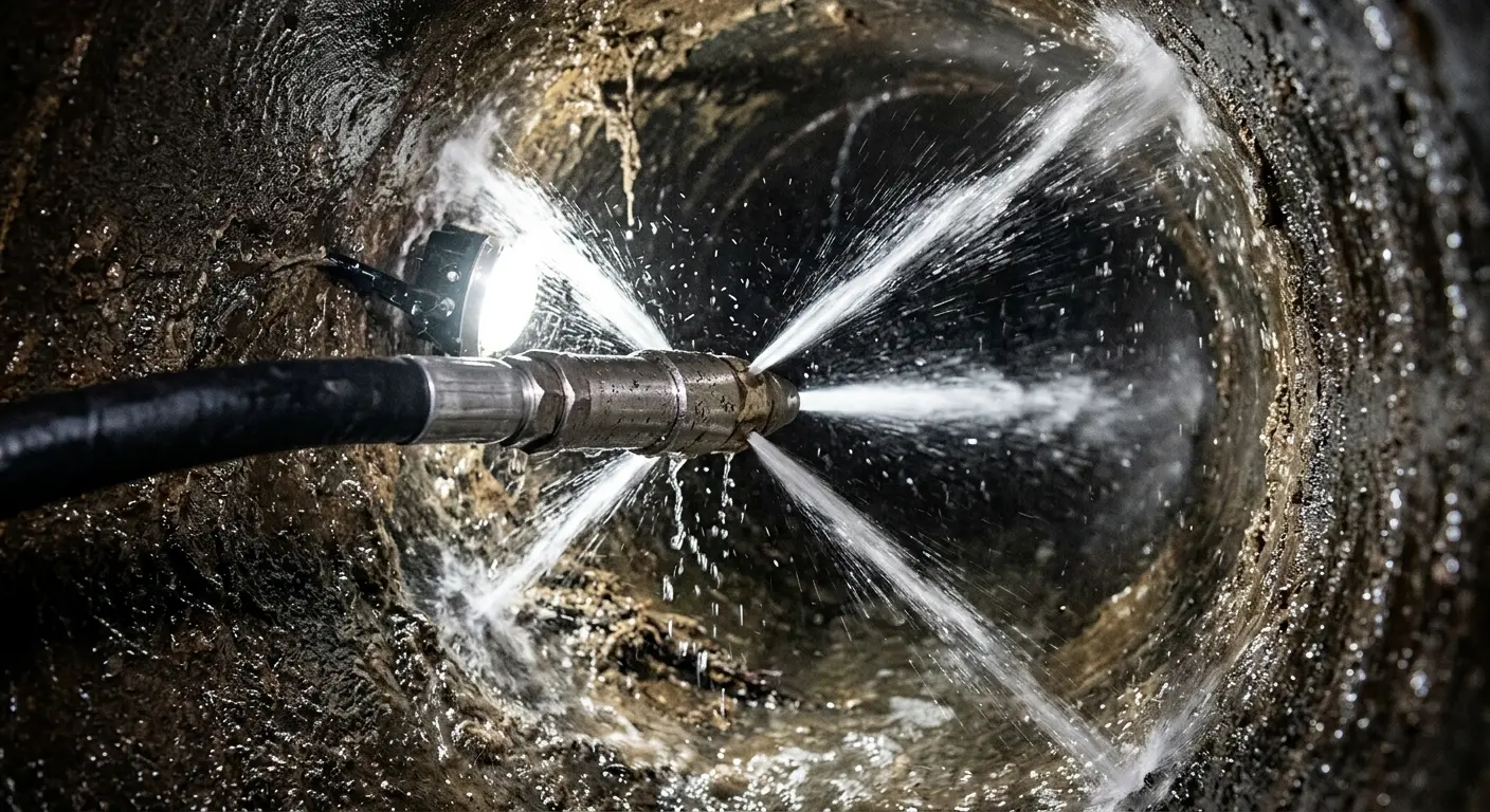 High-pressure hydro jetting nozzle cleaning sewer pipe for Trenchless Sewer Repair in Coral Hills