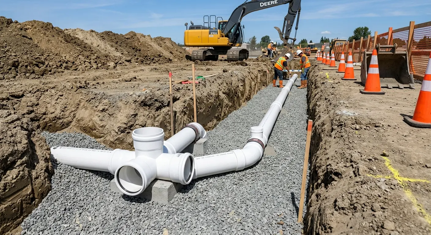 New PVC sewer pipe installation in open trench for Commercial Drain Cleaning in Coral Hills