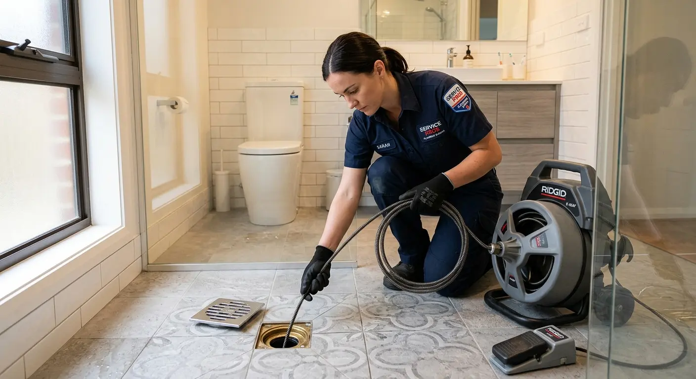 Technician clearing a bathroom floor drain for Drain Cleaning in Coral Hills